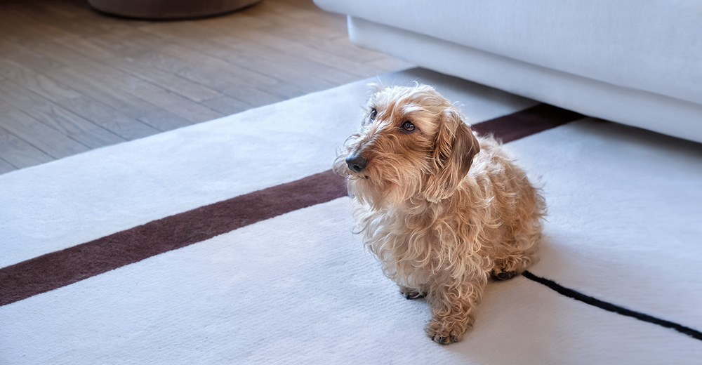 Un chien sur un tapis blanc 